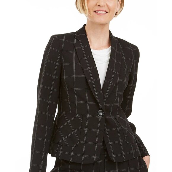Kasper Windowpane-Plaid One-Button Blazer, Black/Vanilla, 4 - Picture 2 of 14